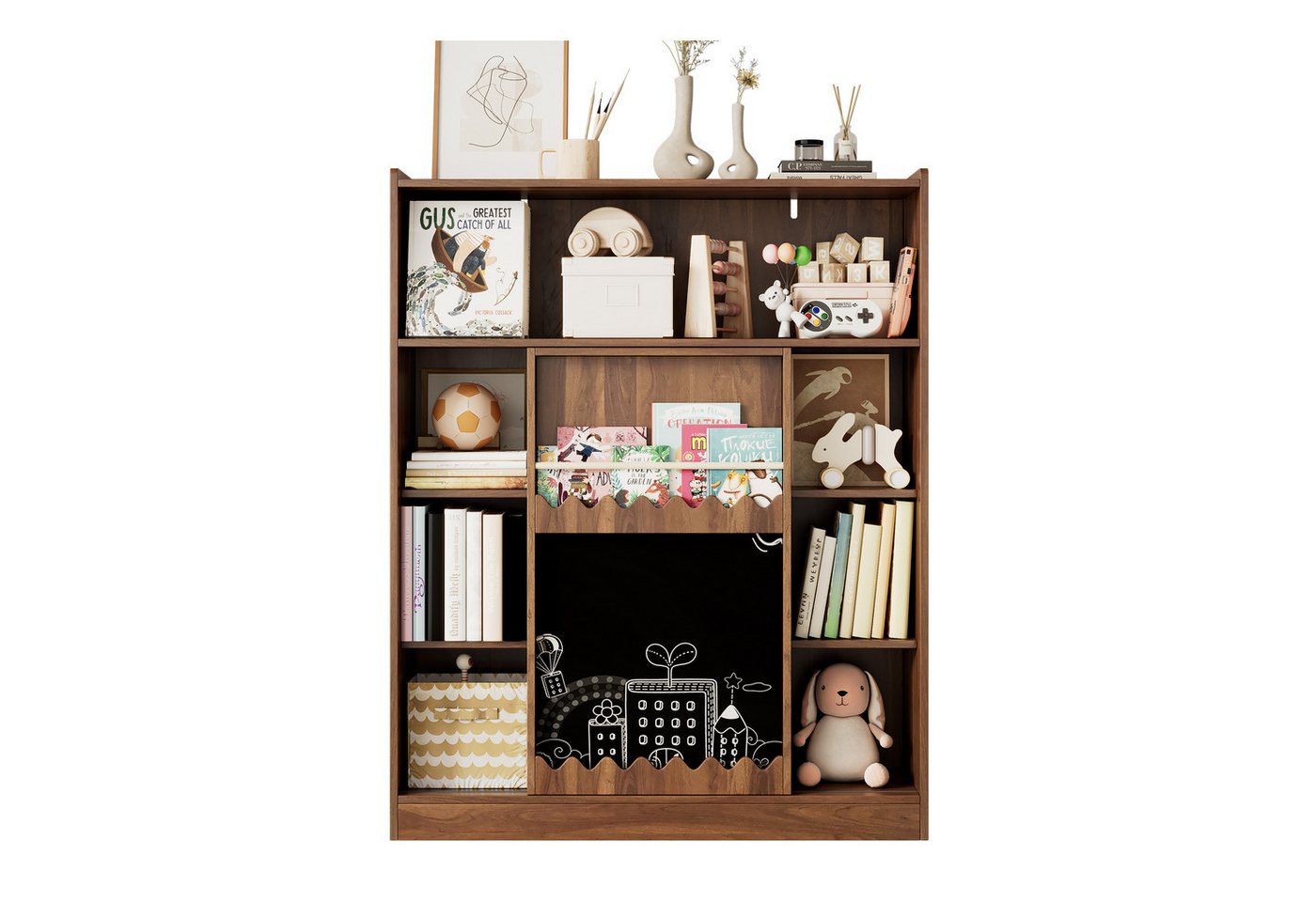 OKWISH Bücherregal 9-fach Standregal mit Maltafel, Walnussfarbe, Standregal, Wohnzimmerschrank 1-tlg., mit offenen Schiebetüren, Aufbewahrungsregal von OKWISH
