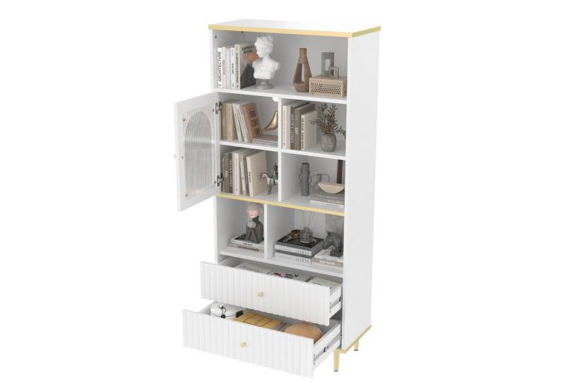 OKWISH Bücherregal Bücherregal mit vielseitigem Stauraum, Multifunktionales Bücherregal 78x36x180 cm, mehrschichtige Aufbewahrung mit geräuschlosen Schubladen, Farbwechsel-Lichtstreifen & Metallfüßen., zwei geräuschlose Schubladen von OKWISH