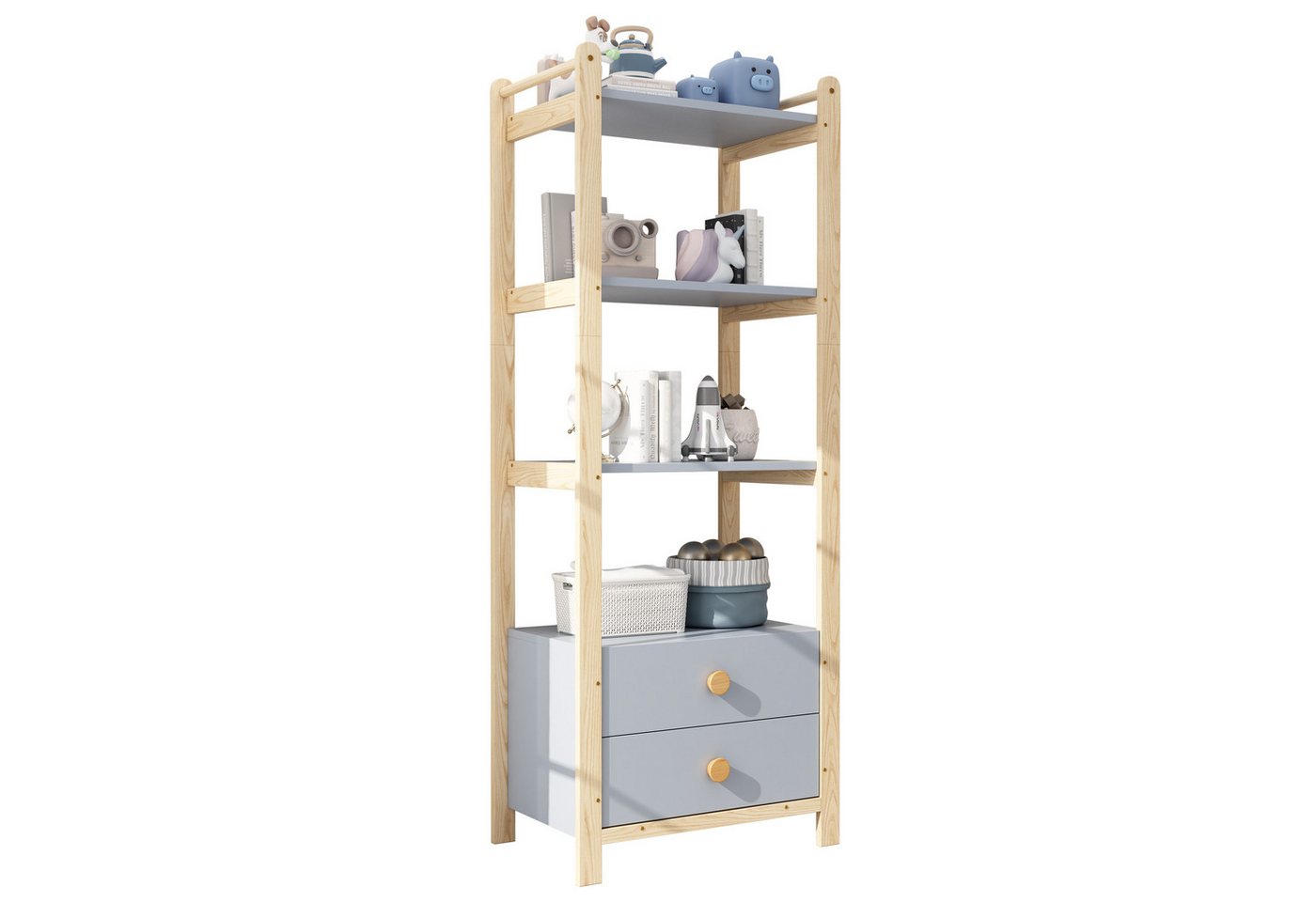 OKWISH Bücherregal Kieferrahmen, Vollholzgriffen, Standregal 1-tlg., 2 Schubladen, 4 Ebenen Bücherregal, 70×44×180cm von OKWISH