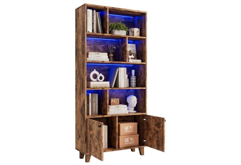 OKWISH Bücherregal Multifunktionales Bücherregal, 80x30x173 cm Bücherregal mit Massivholzbeinen, LED-Farbwechsel-Licht, Doppeltüren & Fernbedienung., LED-Farbwechsel-Ambientelicht von OKWISH
