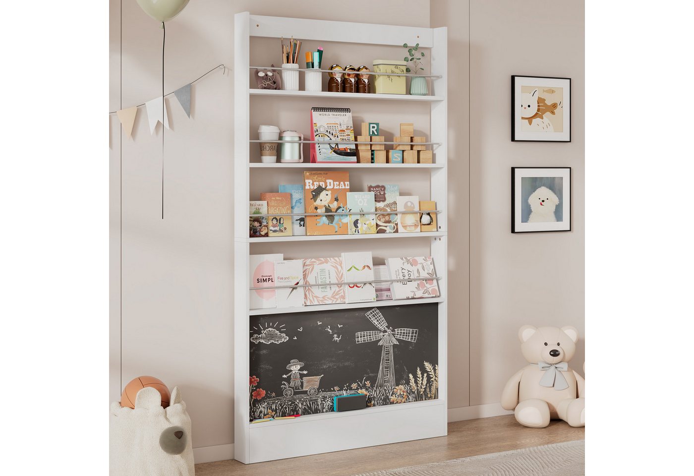 OKWISH Bücherregal hinter der Tür, Kippschutz, Hoch 180 cm, Bilderbuchregal, Ausstellregal 1-tlg., 4-ebiges Aufbewahrungsregal + bemalbares Schwarzbord von OKWISH