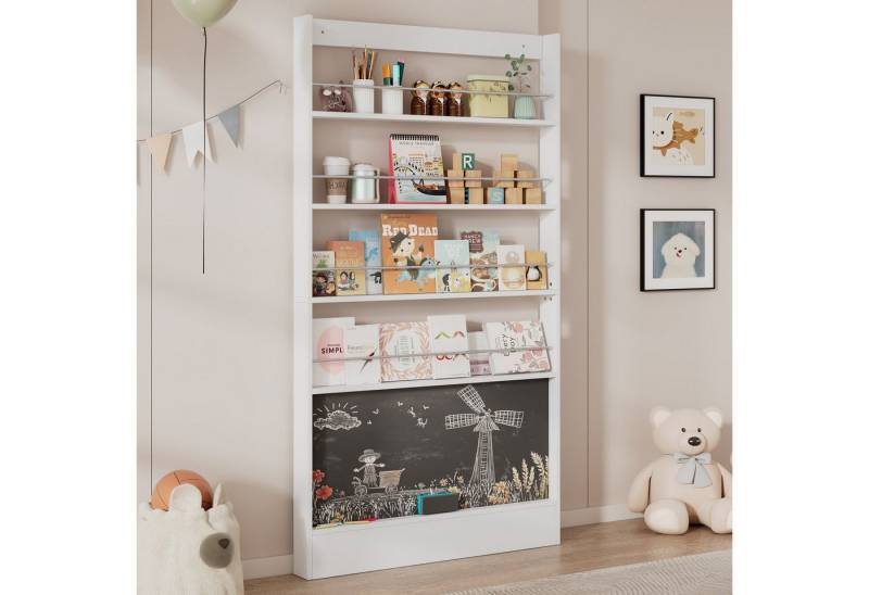 OKWISH Bücherregal hinter der Tür, Kippschutz, Hoch 180 cm, Bilderbuchregal, Ausstellregal 1-tlg., 4-ebiges Aufbewahrungsregal + bemalbares Schwarzbord von OKWISH