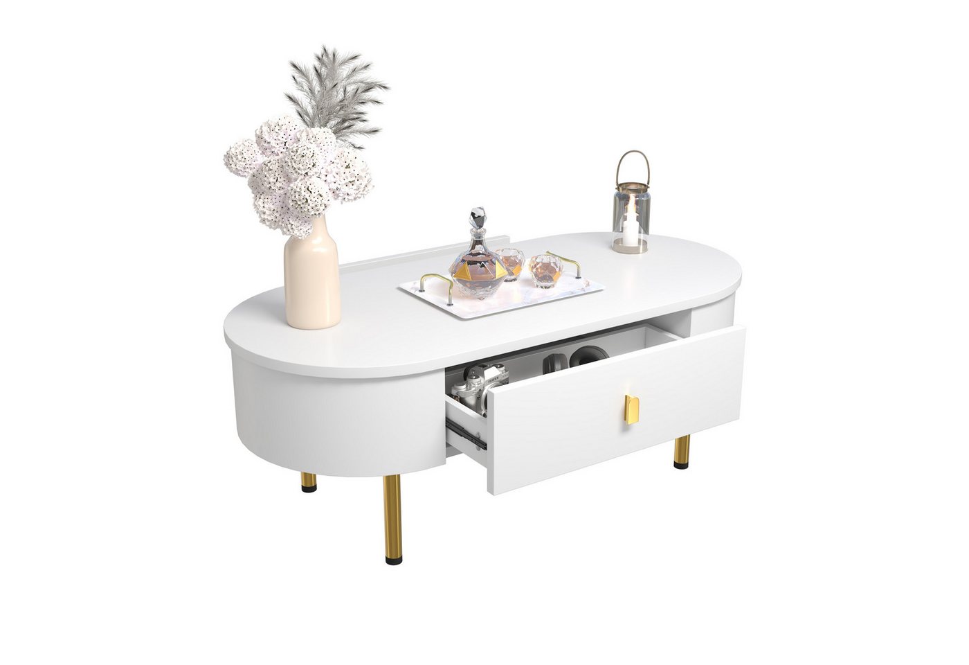 OKWISH Couchtisch mit goldenen Griffen und Beinen (Satztisch, Wohnzimmertisch, Beistelltisch, 1-St., zwei Schubladen), mit gebogenen Ecken von OKWISH