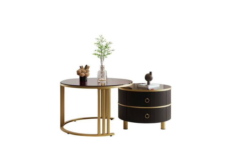 OKWISH Couchtisch 2-in-1 runder Couchtisch (Satztisch 70*70*45+50*50*40 cm, 2-St., Couchtisch Mit 2 Schubladen), 1 Hochglanz-Tischplatte und 1 brauner Tischplatte aus gehärtetem Glas von OKWISH