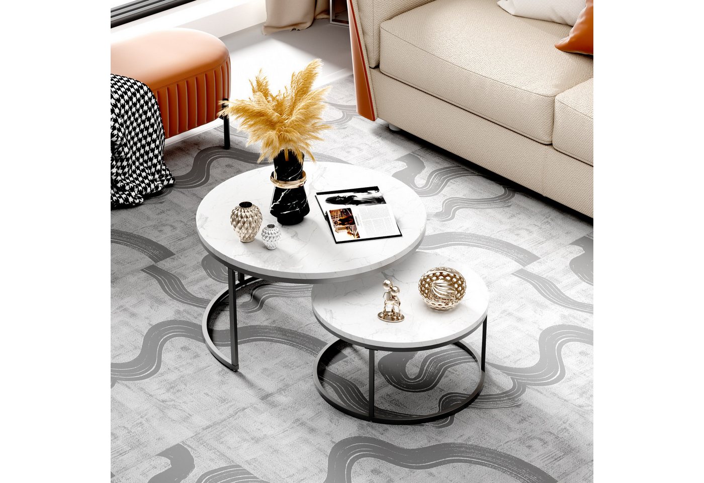 OKWISH Couchtisch 2-teiliges Couchtisch-Set mit elegantem Design (Stabiler Eisenrahmen & leicht zu reinigende MDF-Tischplatte, 2-St), Ideal für Wohnzimmer & Büro, Platzsparendes stapelbares Design von OKWISH