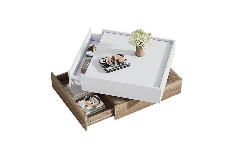 OKWISH Couchtisch 360° drehbare Tischplatte (Satztisch, Wohnzimmertisch Beistelltisch, Wohnzimmertisch, 1-St., 2 Schubladen, 60*60*38cm), mit Gleitschienendesign von OKWISH