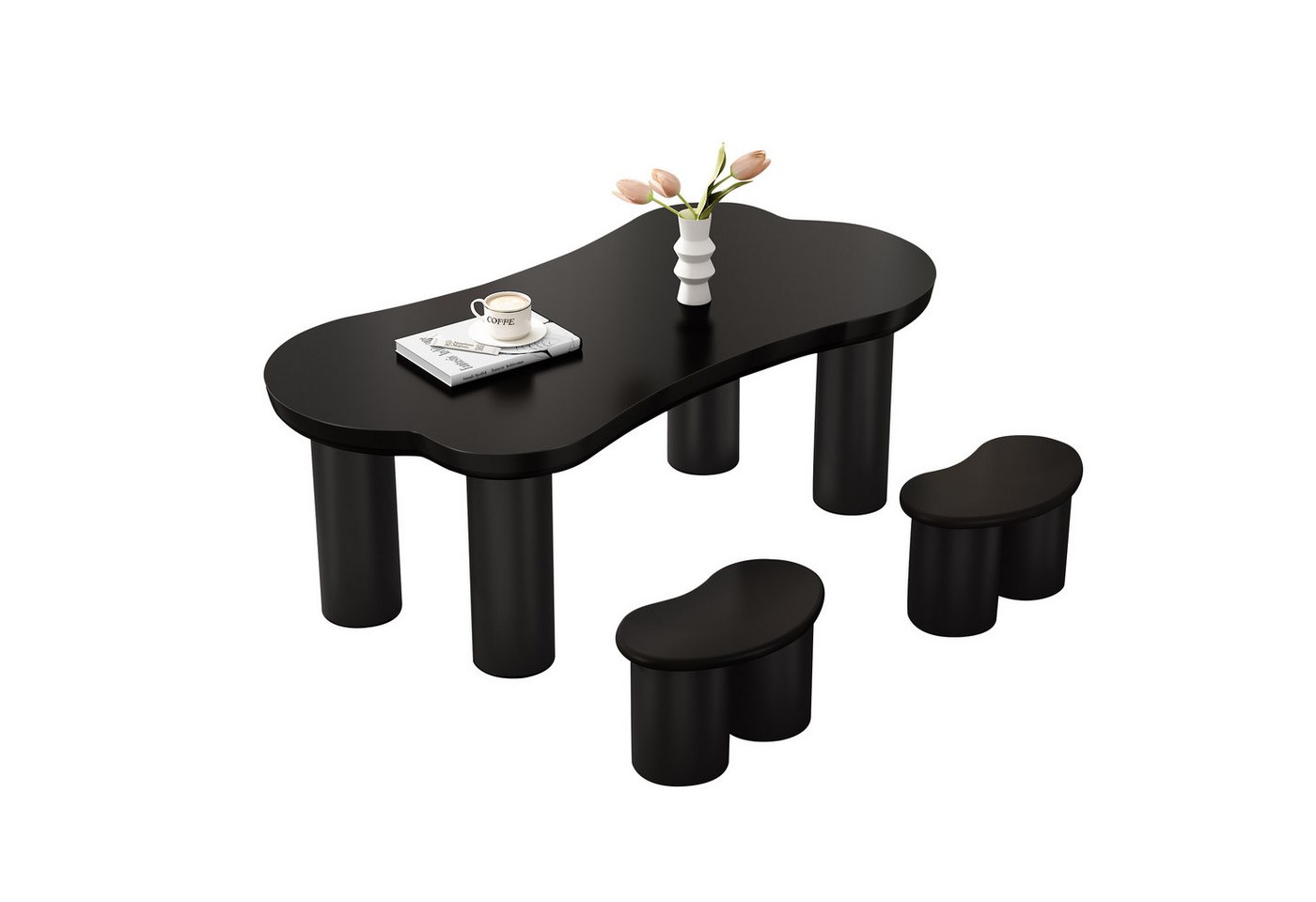 OKWISH Couchtisch Beistelltisch Scandi (Couchtisch-Set, 3-St., 2 kleinen Bänken), Tischplatte aus MDF und Beine aus PVC mit Filzboden von OKWISH
