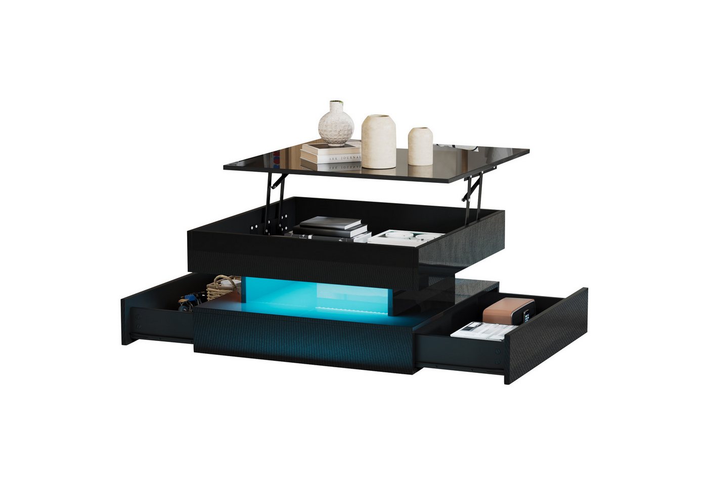 OKWISH Couchtisch Hochglanz-Kaffeetisch (Beistelltisch, Sofatisch, 1-St., mit 2 Schubladen), anhebbarer Wohnzimmertisch mit LED-Lichtleiste von OKWISH