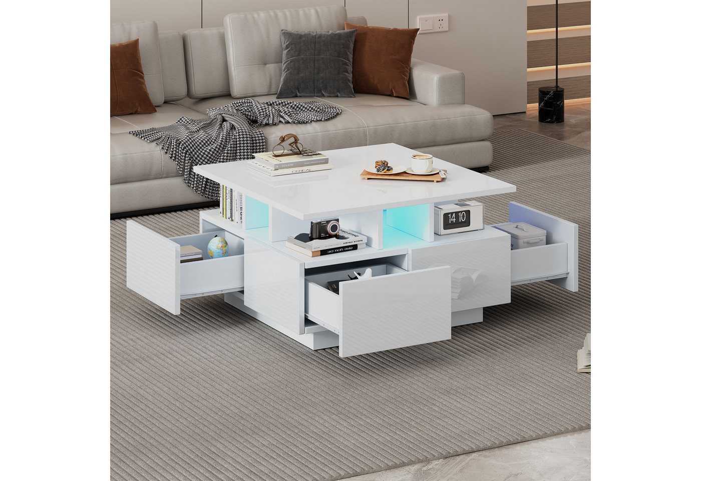 OKWISH Couchtisch Hochglanz Kaffeetisch (Satztisch, Wohnzimmertisch, Beistelltisch, 1-St., mit 4 schubladen), mit LED licht, geometrische Design von OKWISH