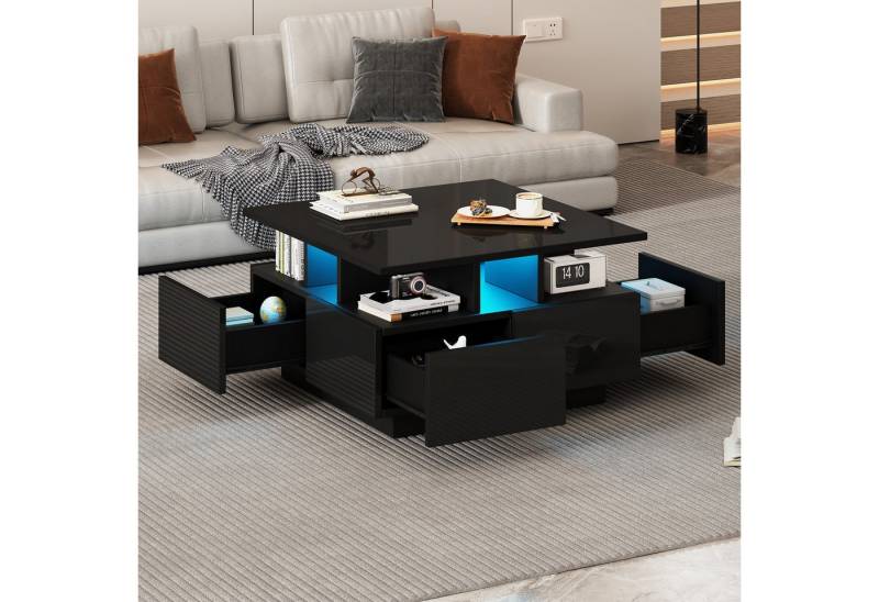 OKWISH Couchtisch Hochglanz Kaffeetisch (Satztisch, Wohnzimmertisch, Beistelltisch, 1-St., mit 4 schubladen), mit LED licht, geometrische Design von OKWISH