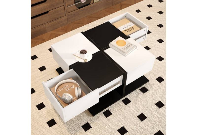 OKWISH Couchtisch Hochglanz Kaffeetisch mit Stauraum (Satztisch, Wohnzimmertisch, Beistelltisch, 1-St., 70×70×35,5 cm, mit 2 Schubladen), Schwarz-Weiß Design von OKWISH