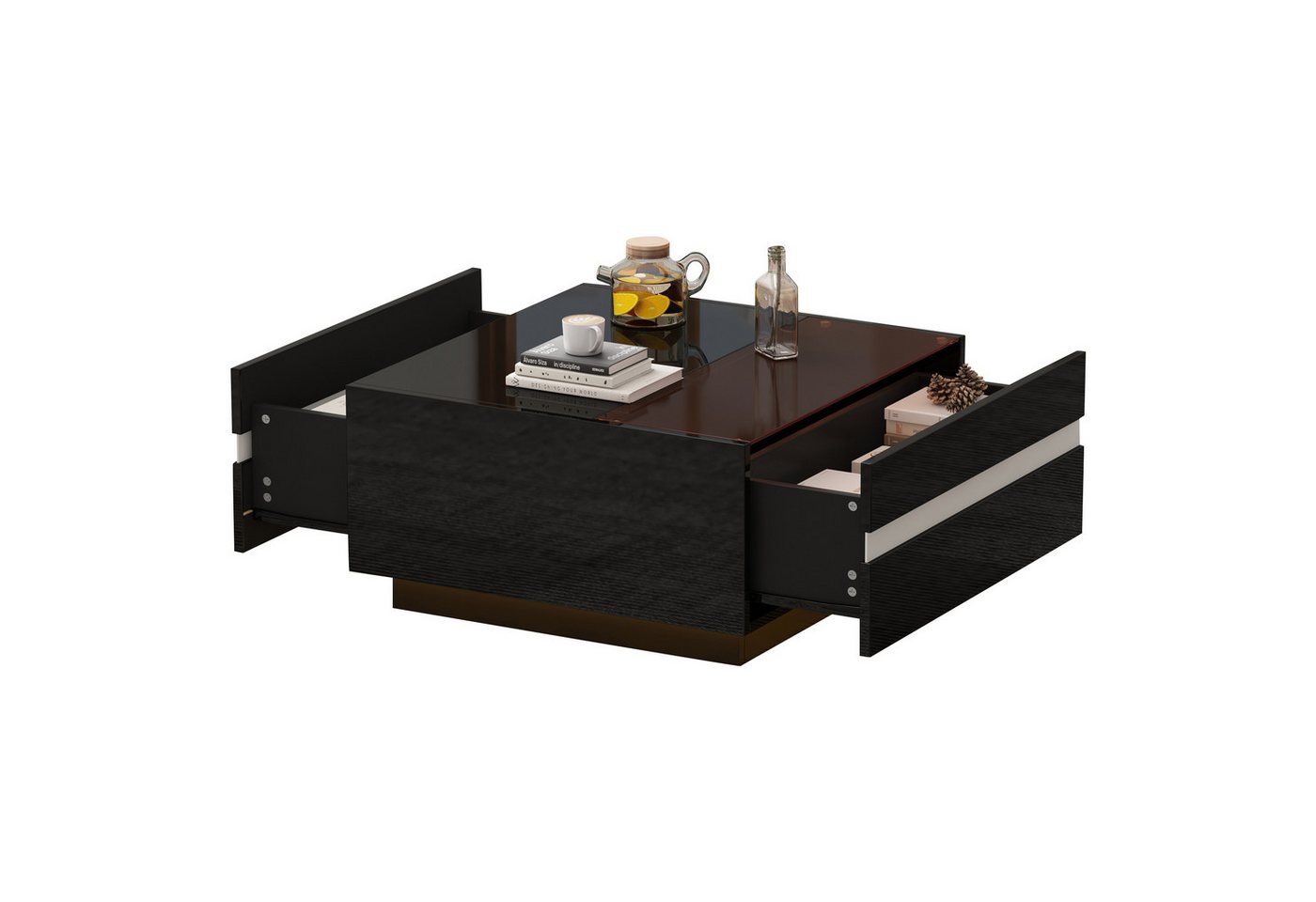 OKWISH Couchtisch Hochglanz-Sofatisch (Wohnzimmertisch, Beistelltisch, 1-St., 70*70*36 cm, mit 2 Schubladen), mit LED, aus Spanplatte und gehärtetem Glas von OKWISH