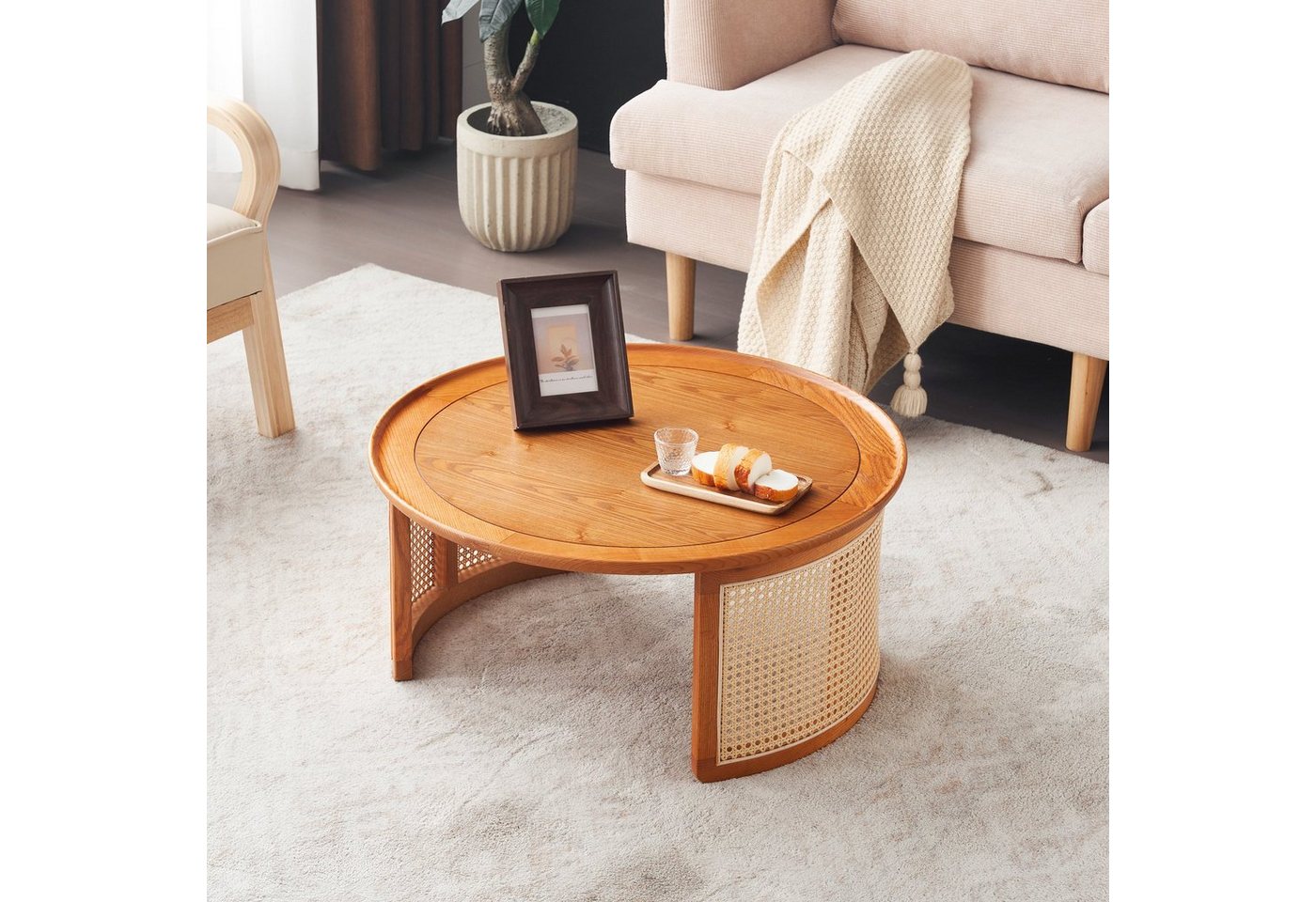 OKWISH Couchtisch Massivholz-Wohnzimmertisch, Beistelltisch Rattan von OKWISH