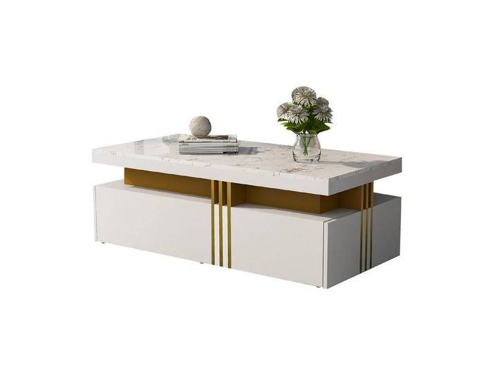 OKWISH Couchtisch Moderner rechteckiger, mit Spanplatte-Musterplatte und 2 Holzschubladen, weiß, Weiß von OKWISH
