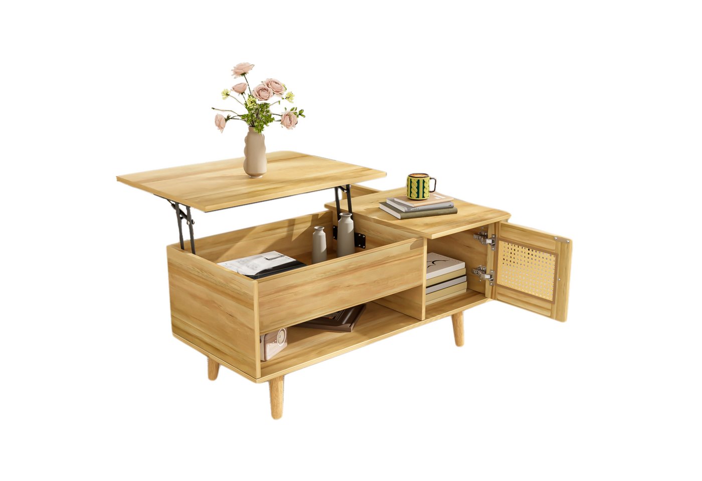 OKWISH Couchtisch Praktischer Stauraum und funktionales Design (Satztisch, Wohnzimmertisch Beistelltisch, 1-St., mit anhebbarer Tischplatte und Rattan-Türen), Holzfarbe mit schwarzen Akzenten von OKWISH