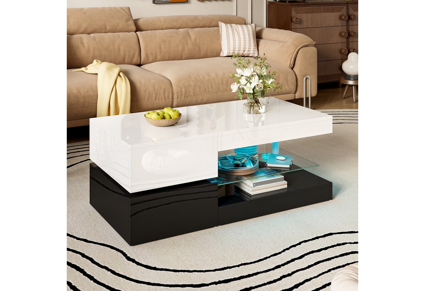 OKWISH Couchtisch Schwarz-Weiß-Design (Satztisch, Beistelltisch, 1-St., Glasablage, Hochglanz-Oberfläche), mit LED-Ambientebeleuchtung, APP- und Bluetooth-Steuerung von OKWISH