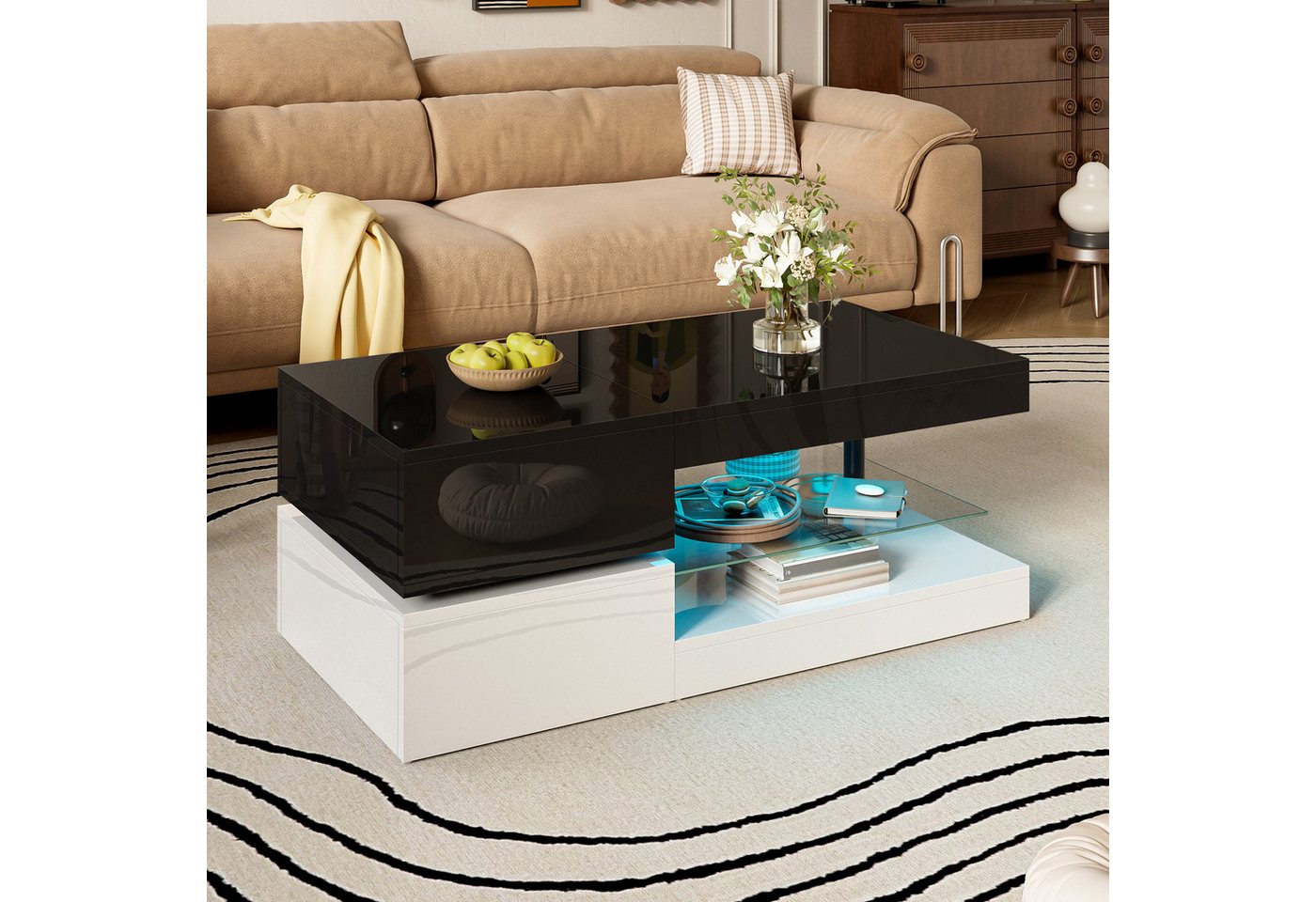 OKWISH Couchtisch Schwarz-Weiß-Design (Satztisch, Beistelltisch, 1-St., Glasablage, Hochglanz-Oberfläche), mit LED-Ambientebeleuchtung, APP- und Bluetooth-Steuerung von OKWISH