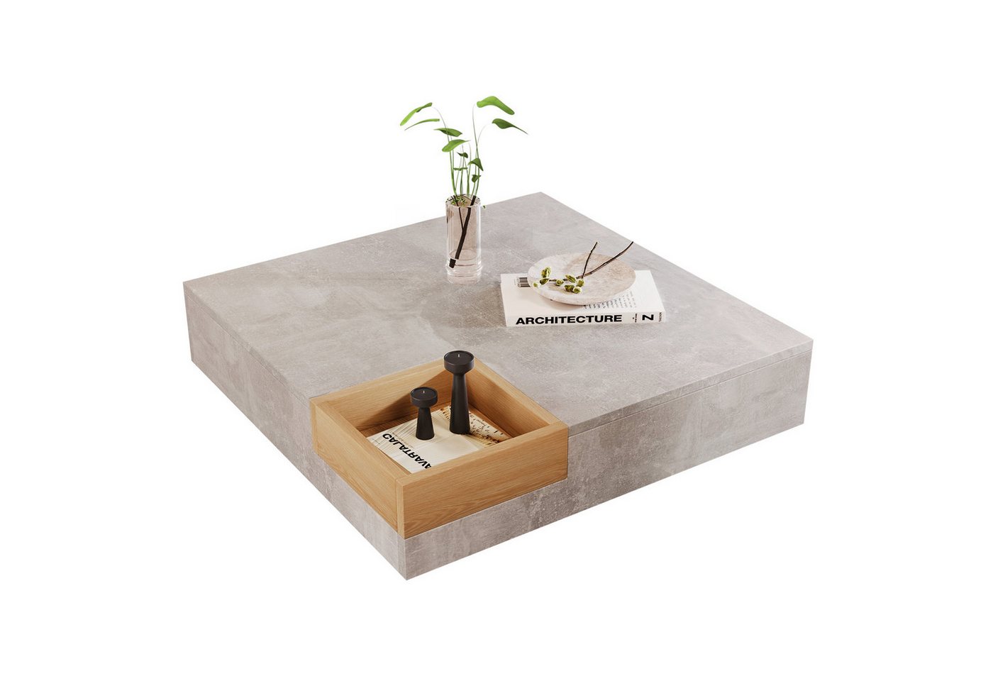 OKWISH Couchtisch Wohnzimmertisch Beistelltisch (1-St), Betongrau und Holzfarbe, 72*72*30 cm. von OKWISH