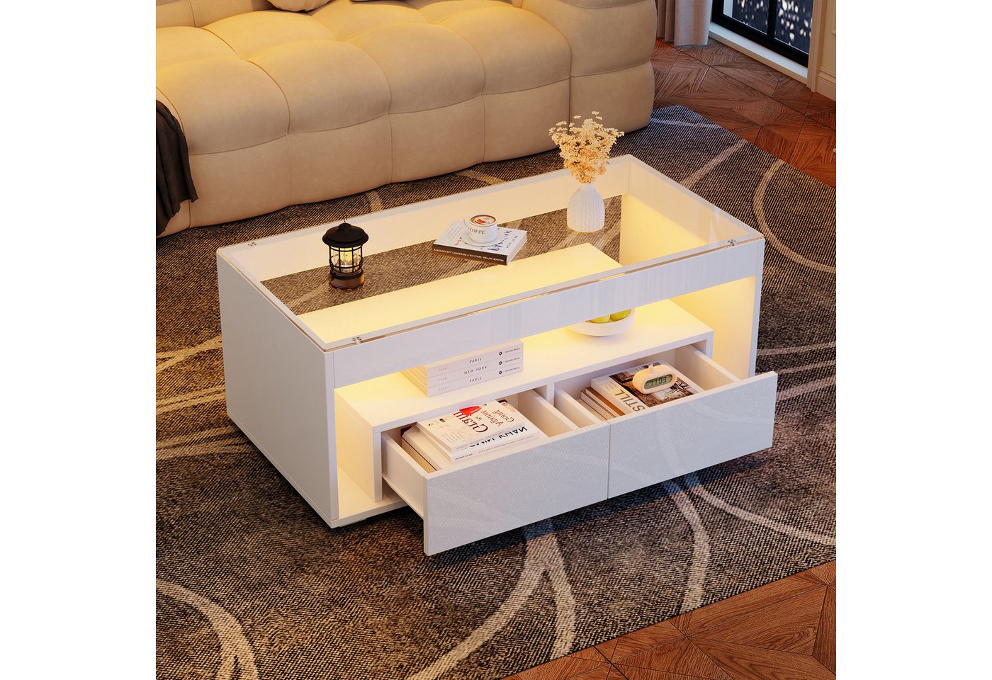 OKWISH Couchtisch mit 16-farbigem LED-Licht (Satztisch, Wohnzimmertisch, Beistelltisch, 1-St., 2 großen Schubladen), doppelschichtiges Design von OKWISH