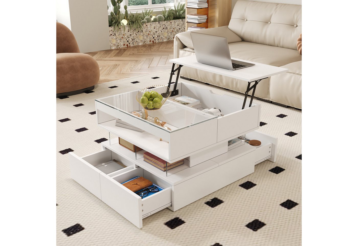 OKWISH Couchtisch mit 16-farbiger Beleuchtung (Wohnzimmertisch, Sofatisch, 1-St., Glasplatte und Acryl-Trägern), Höhenverstellbarer Satztisch, Beistelltisch von OKWISH