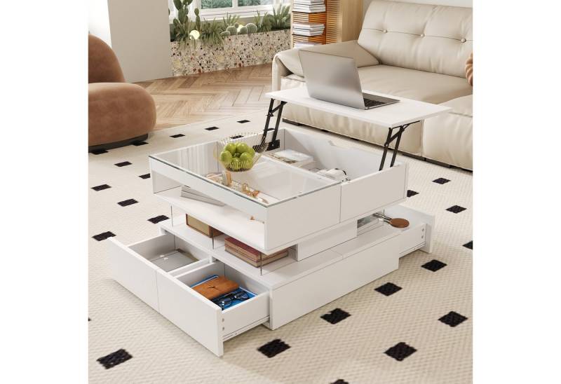 OKWISH Couchtisch mit 16-farbiger Beleuchtung (Wohnzimmertisch, Sofatisch, 1-St., Glasplatte und Acryl-Trägern), Höhenverstellbarer Satztisch, Beistelltisch von OKWISH