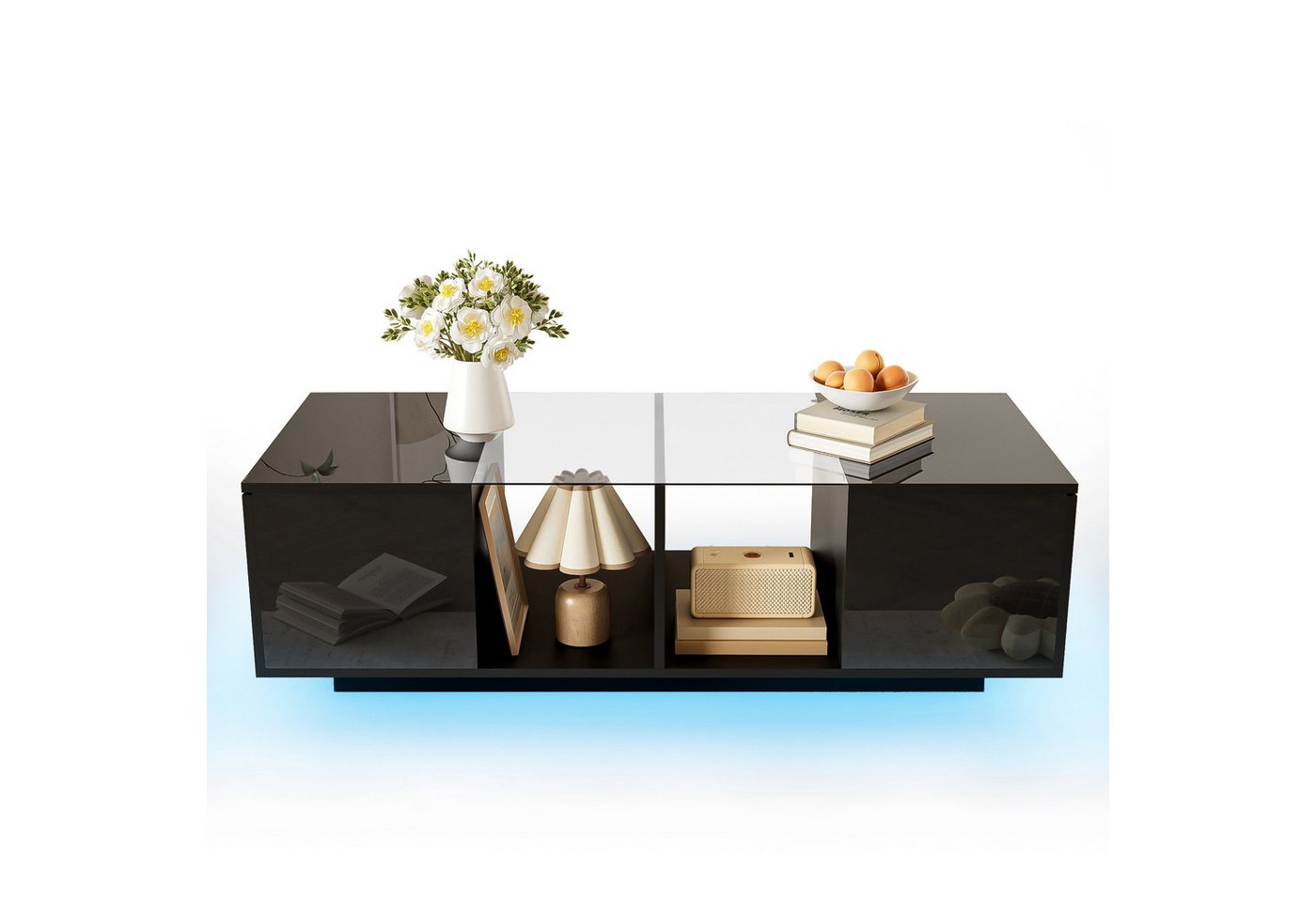 OKWISH Couchtisch mit Glasplatte (Satztisch, Wohnzimmertisch Beistelltisch, 1-St., mit LED-Beleuchtung, 2 offene Fächer, 2 Türen), Hochglanz-Tischplatte, Mattoberflächen und Glasplatte von OKWISH