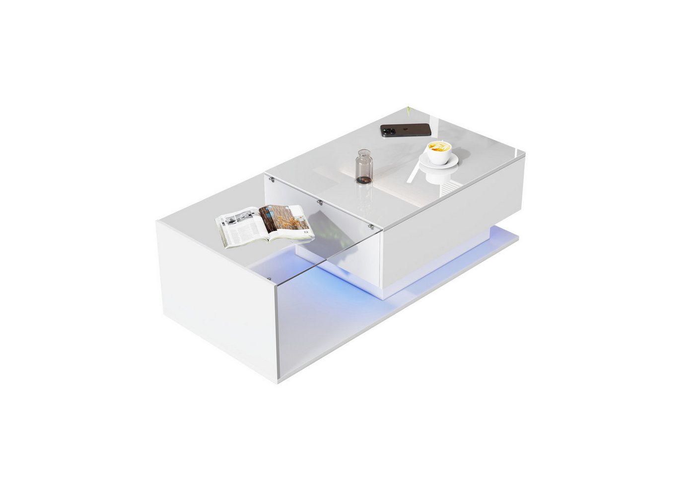 OKWISH Couchtisch mit LED-Beleuchtung (1-St., mit 1 Schublade,100x50x32cm), mit Glasplatte und Schubladen, kratzfest von OKWISH