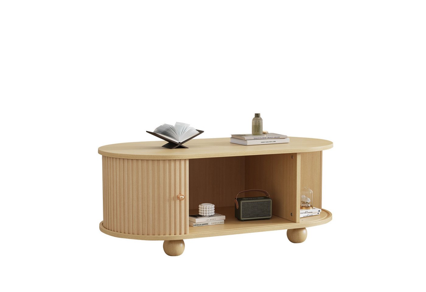 OKWISH Couchtisch mit Stauraum, Multifunktionsmöbel in Holzfarben (Satztisch, Wohnzimmertisch Beistelltisch, 1-St., 2 Schiebetür), ovale Form, Vertikale gestreifte Schranktüren von OKWISH