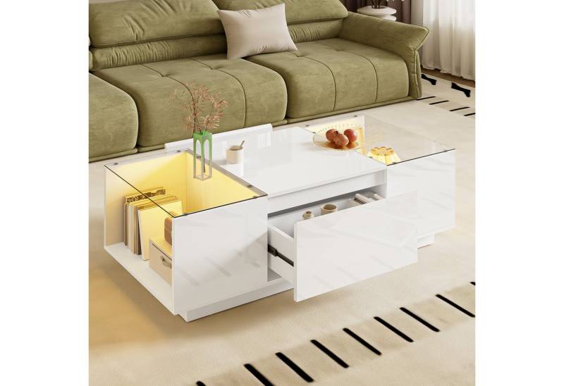 OKWISH Couchtisch mit Stauraum (Satztisch, Wohnzimmertisch, Beistelltisch, 1-St., 105 L x 50 B x 35 H), Glasplatte und 2 Schubladen von OKWISH