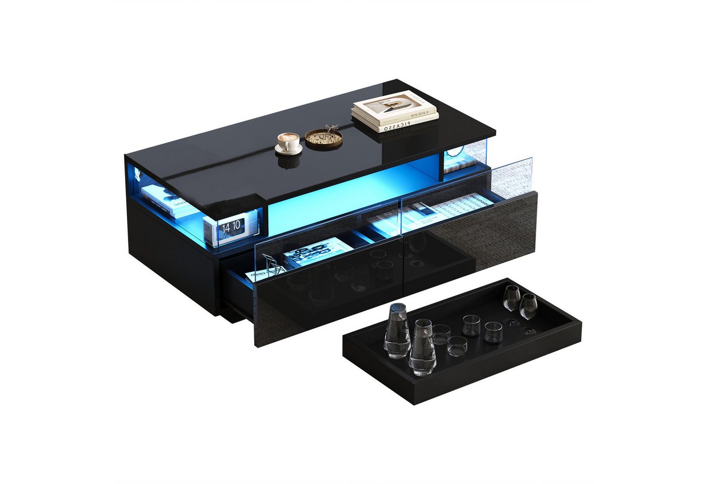 OKWISH Couchtisch mit Tablett (Beistelltisch, Kaffeetisch, 1-St., 2 Schubladen), Hochglanz, mit LED-Licht von OKWISH