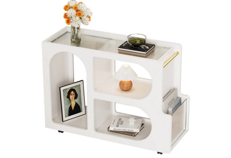 OKWISH Couchtisch mit abschließbaren Rädern (Wohnzimmertisch, Beistelltisch, 1-St., 3 offener Fächer), mit 5mm dickem geriffeltem gehärtetem Glas von OKWISH