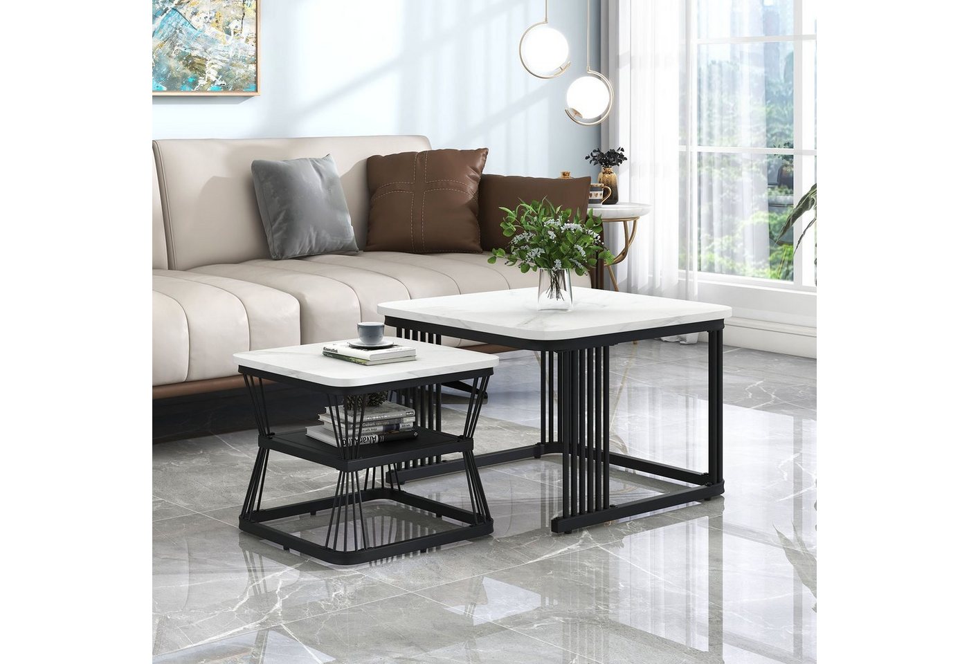 OKWISH Couchtisch und 2er Set, Beistelltisch (PVC in Marmoroptik, schwarz matt Stahlrohre), 2 Tische mit den Maßen von OKWISH