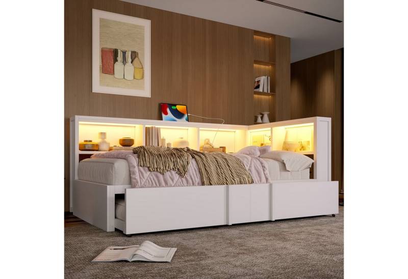 OKWISH Daybed Metall-Tagesbett mit Ausziehbett (LED-Beleuchtung & USB-Anschlüssen – Jugend- & Gästebett mit 5 Stauschränken, ideal für Teenager, Erwachsene & kleine Wohnungen, 1 tlg), mit Ausziehbett von OKWISH