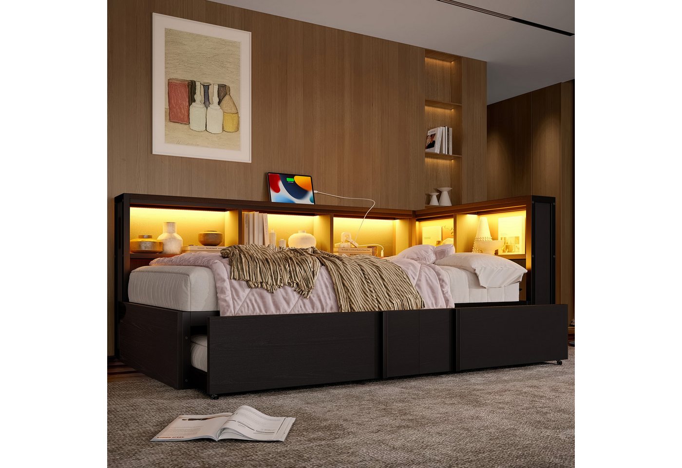 OKWISH Daybed Metall-Tagesbett mit Ausziehbett (LED-Beleuchtung & USB-Anschlüssen – Jugend- & Gästebett mit 5 Stauschränken, ideal für Teenager, Erwachsene & kleine Wohnungen, 1 tlg), mit Ausziehbett von OKWISH