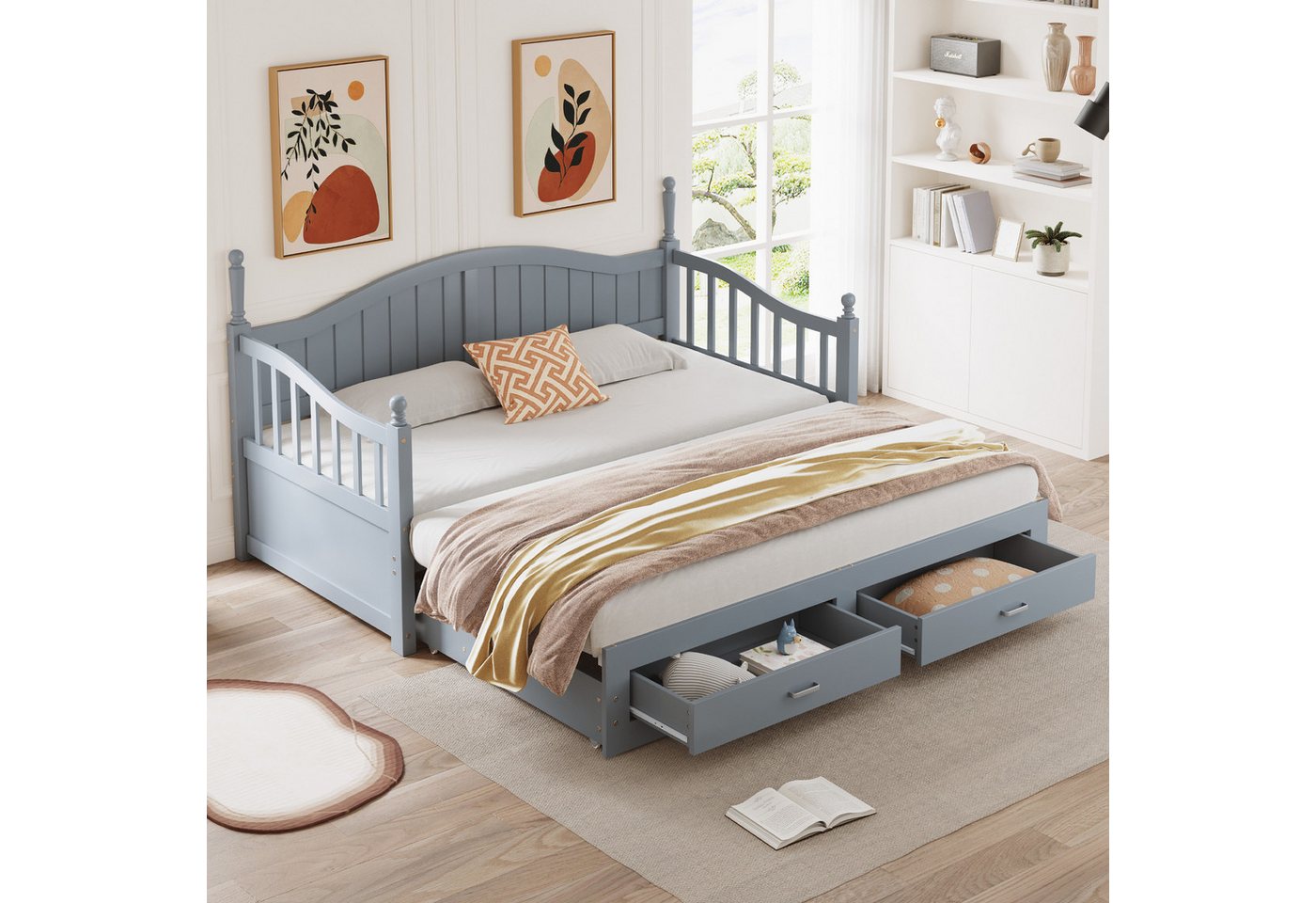 OKWISH Daybett Tagesbett,Sofabett,mit 2 Schubladen, Schlafsofa (Ausziehbares Schlafsofa mit römischen Säulen, geschwungener Rückenlehne), ohne Matratze von OKWISH
