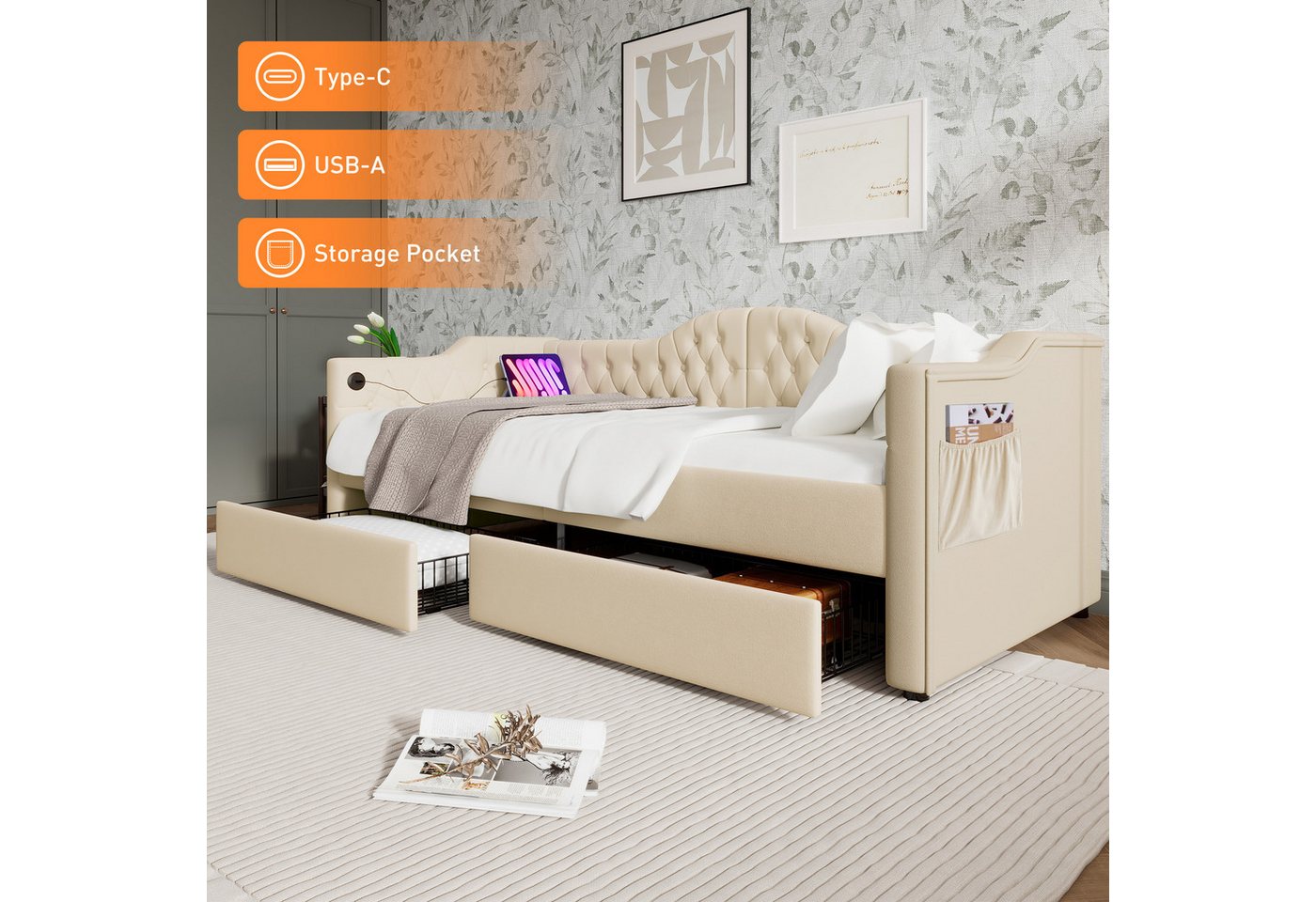 OKWISH Daybett Tagesbett Schlafsofa (90x200cm), mit USB Type C Ladefunktion und 2 Schubladen von OKWISH