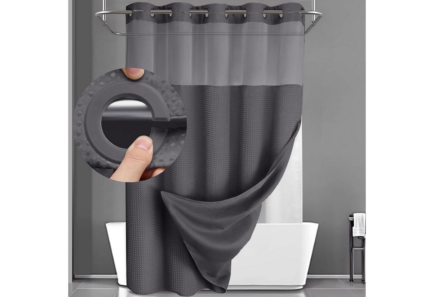 OKWISH Duschvorhang Badvorhang moderne Badezimmer Vorhang Breite 183 cm (mit abnehmbarem Innenvorhang Sichtfenster Mesh, 1-tlg., Druckknopf System, wasserabweisend), pflegeleicht waschbar für Dusche Badewanne Gäste-WC usw. von OKWISH