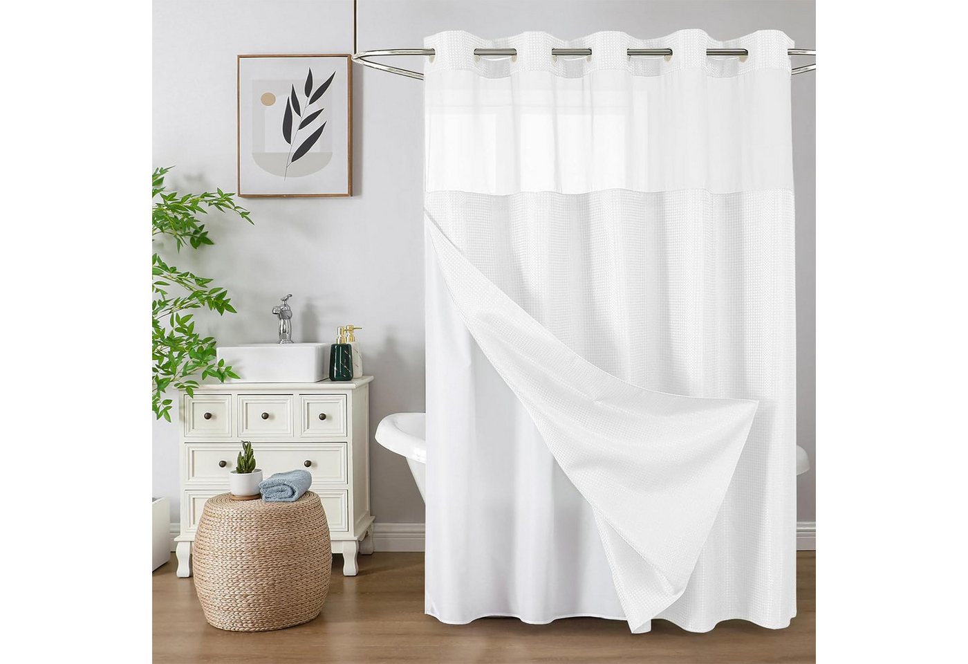 OKWISH Duschvorhang Badvorhang moderne Badezimmer Vorhang Breite 183 cm (mit abnehmbarem Innenvorhang Sichtfenster Mesh, 1-tlg., Druckknopf System, wasserabweisend), pflegeleicht waschbar für Dusche Badewanne Gäste-WC usw. von OKWISH