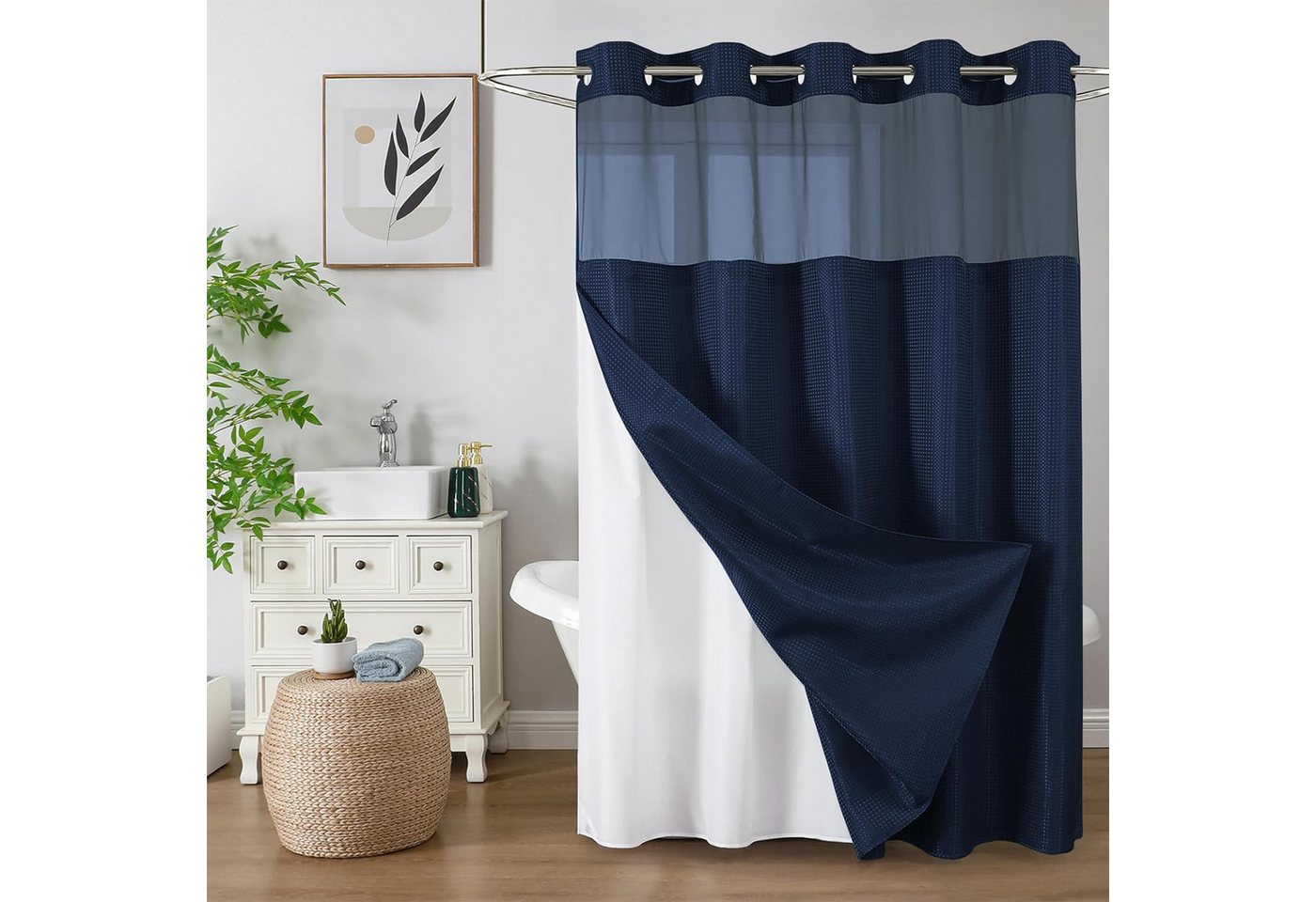 OKWISH Duschvorhang Badvorhang moderne Badezimmer Vorhang Breite 183 cm (mit abnehmbarem Innenvorhang Sichtfenster Mesh, 1-tlg., Druckknopf System, wasserabweisend), pflegeleicht waschbar für Dusche Badewanne Gäste-WC usw. von OKWISH