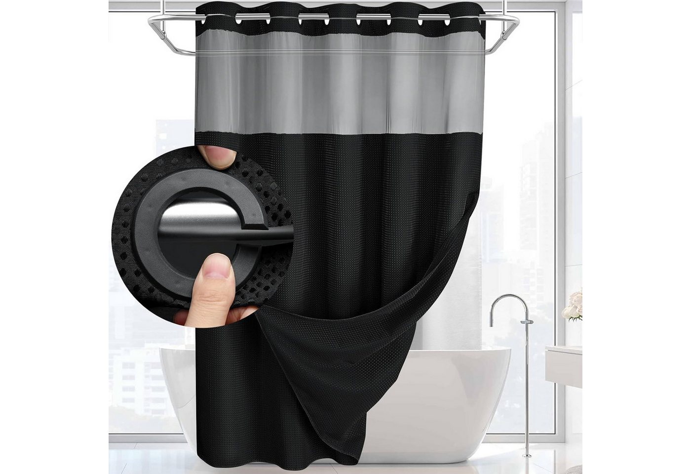 OKWISH Duschvorhang Badvorhang moderne Badezimmer Vorhang Breite 183 cm (mit abnehmbarem Innenvorhang Sichtfenster Mesh, 1-tlg., Druckknopf System, wasserabweisend), pflegeleicht waschbar für Dusche Badewanne Gäste-WC usw. von OKWISH
