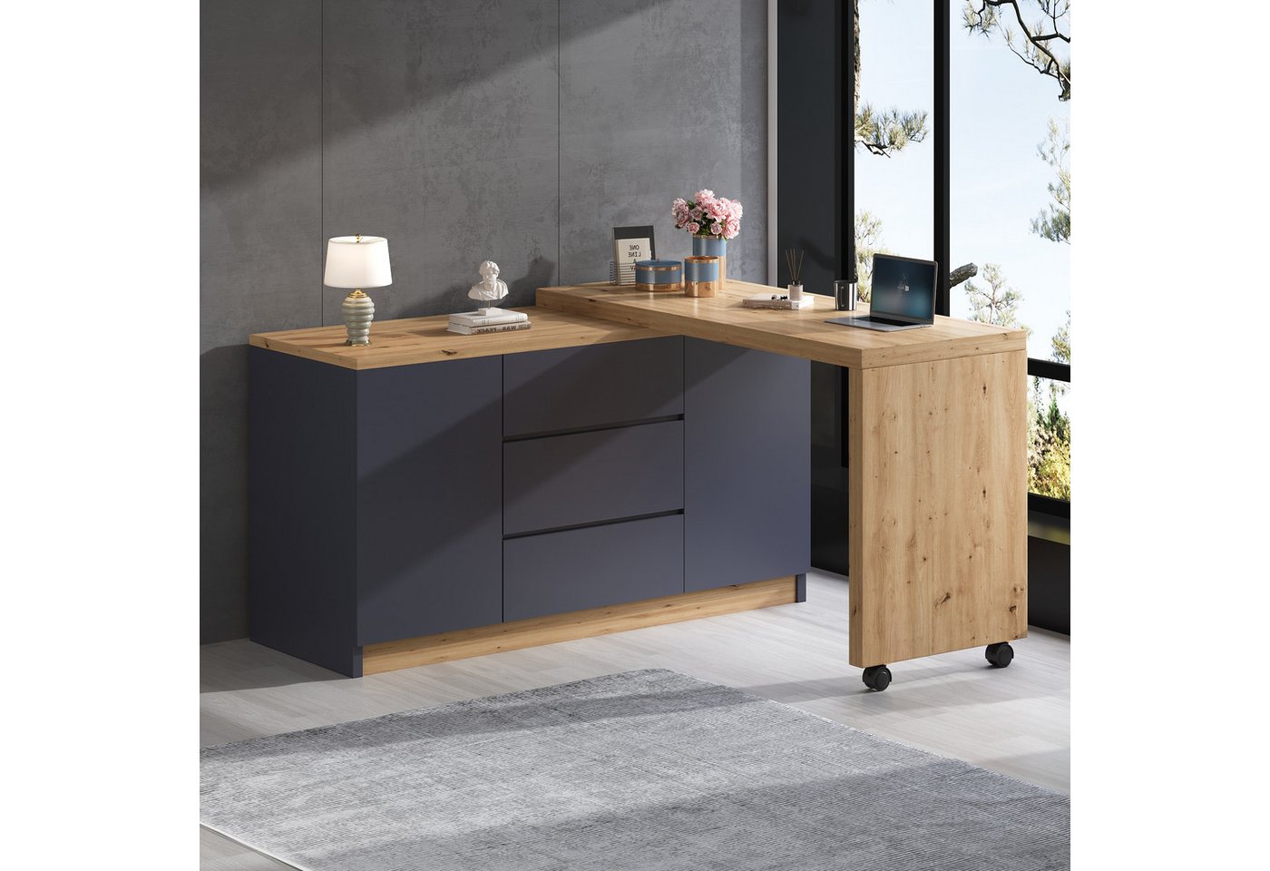 OKWISH Eckschreibtisch mit feststellbaren Rollen (Ausziehbarer Computertisch, Faltbarer Ecktisch, 1-St., fest arretierbar), 4 cm dickere, drehbare Tischplatte von OKWISH