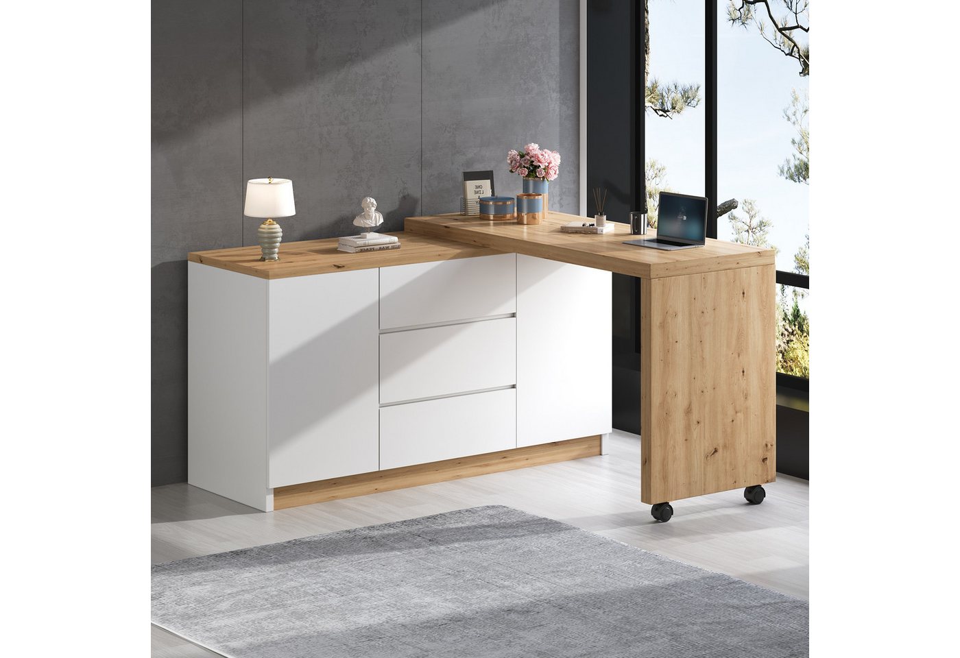 OKWISH Eckschreibtisch mit feststellbaren Rollen (Ausziehbarer Computertisch, Faltbarer Ecktisch, 1-St., fest arretierbar), 4 cm dickere, drehbare Tischplatte von OKWISH