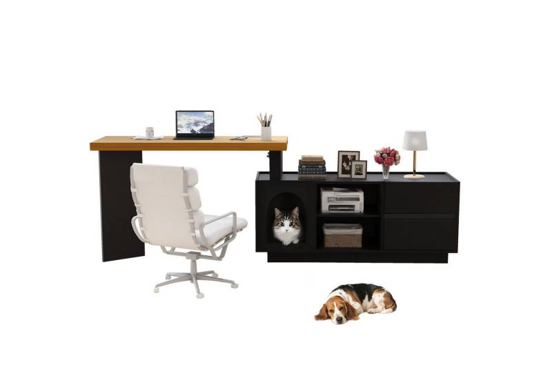 OKWISH Eckschreibtisch mit integriertem Tierhaus(XL-Tierhöhle) (Ecktisch, Computertisch, 1-St., verdickte Platte), L-förmig oder einteilig von OKWISH