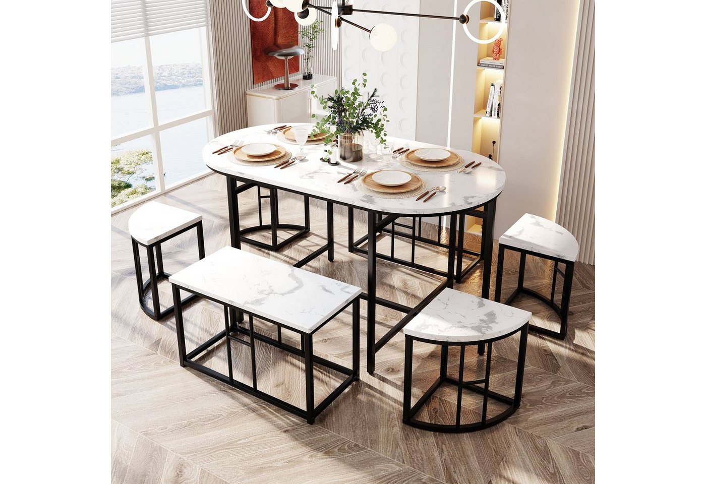 OKWISH Essgruppe, (1 Tisch, 4 Hocker und 2 bank, 7-tlg., Tisch in Marmoroptik) von OKWISH