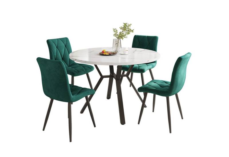 OKWISH Essgruppe 1 Esstisch und 4 Stühle, (Esstisch- und Stuhlset, 5-tlg., 1 Tisch mit 4 Stühlen), rundes Esstisch mit Marmormusterarbeitsplatte von OKWISH