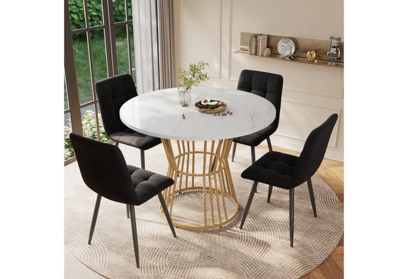 OKWISH Essgruppe 1 Esstisch und 4 Stühle, (Küchentisch-Set, 5-tlg., 1 Tisch mit 4 Stühlen), runder Esstisch mit weiße MDF-Tischplatte, goldenen Metallbeinen von OKWISH