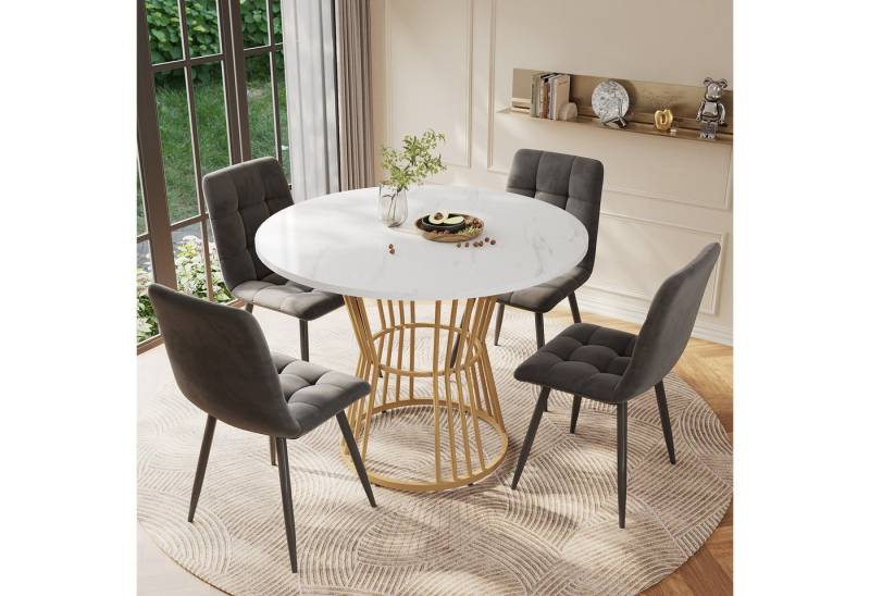 OKWISH Essgruppe 1 Esstisch und 4 Stühle, (Küchentisch-Set, 5-tlg., 1 Tisch mit 4 Stühlen), runder Esstisch mit weiße MDF-Tischplatte, goldenen Metallbeinen von OKWISH