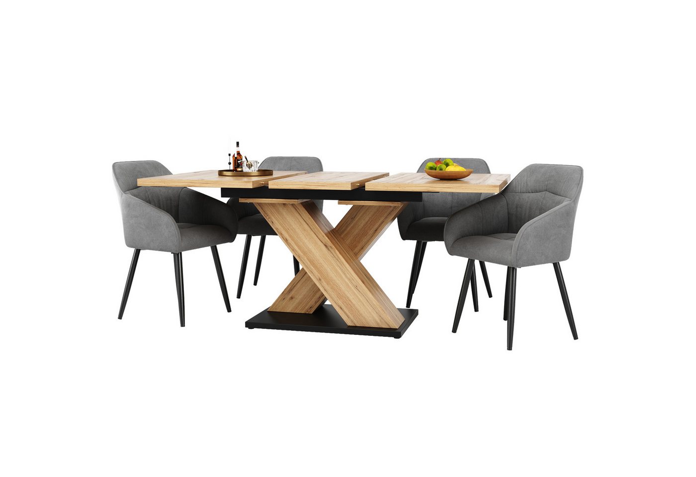 OKWISH Essgruppe Ausziehbares Esstisch-Set, (Sitzgruppe Set, Küchetisch+Esszimmerstuhl, 5-tlg., 1 Esstisch mit 4 Stühlen Set), Samt Armlehnstuhl, MDF Esstisch von OKWISH