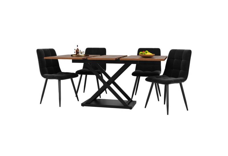 OKWISH Essgruppe Esstisch-Set, (1 Tisch mit 4 Stühlen, 5-tlg., Esstischstühle aus schwarzem Samt), Tischbeine in Kreuzform von OKWISH