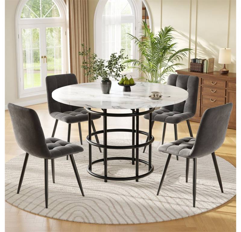 OKWISH Essgruppe Esstisch mit 4 Stühlen, (5-teiliges Esstisch-Set – Runder 100 cm MDF-Tisch mit Marmor-Imitat und Grauen Samt-Stühlen., 5-tlg) von OKWISH